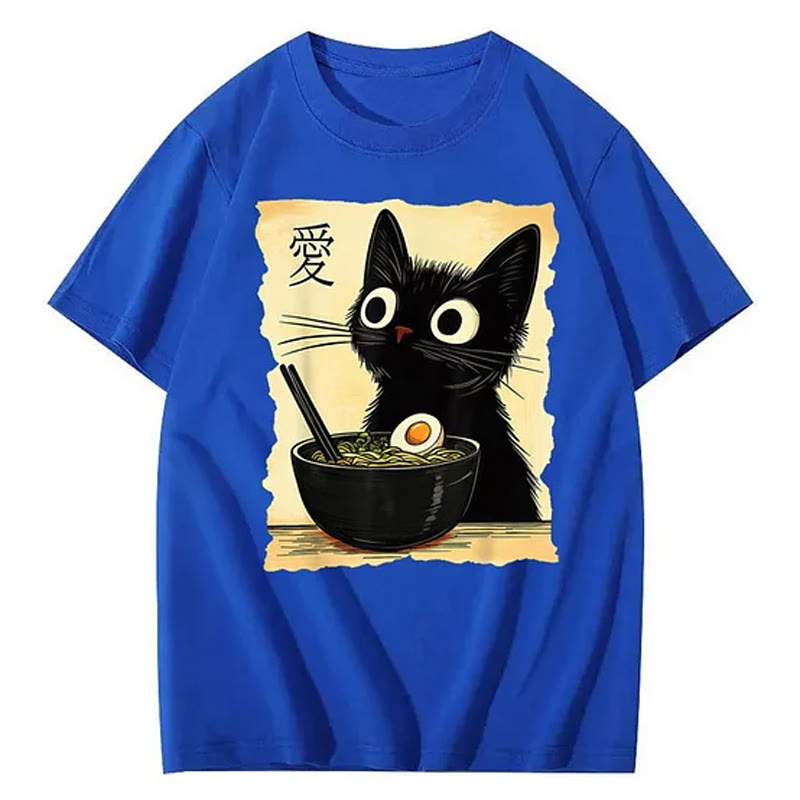 Unisex Funny Cat Eating Ramen Print Short Sleeved Crew Neck T-Shirt - Royal Blue - 2XL - image 7