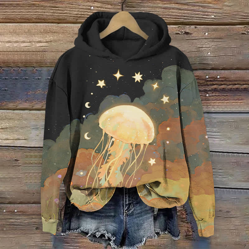 Oil Painting Star & Moon Around Jellyfish Print Long Sleeve Hoodie - Black - US44-46(8XL) - image 5