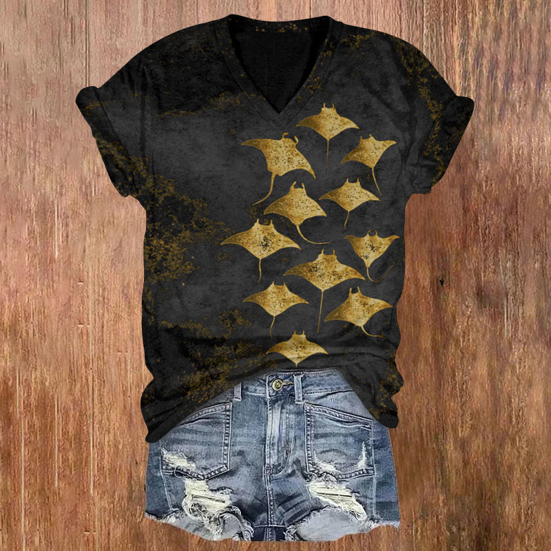 Vintage Manta Ray Art Print V-neck T-shirt - Golden - 5XL - image 6