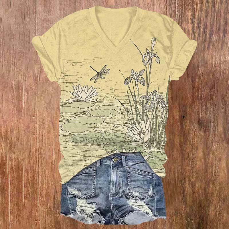 Vintage Lotus Blossom Pond & Dragonfly Art Print V-neck T-shirt - Yellow - US32-34(5XL) - image 2