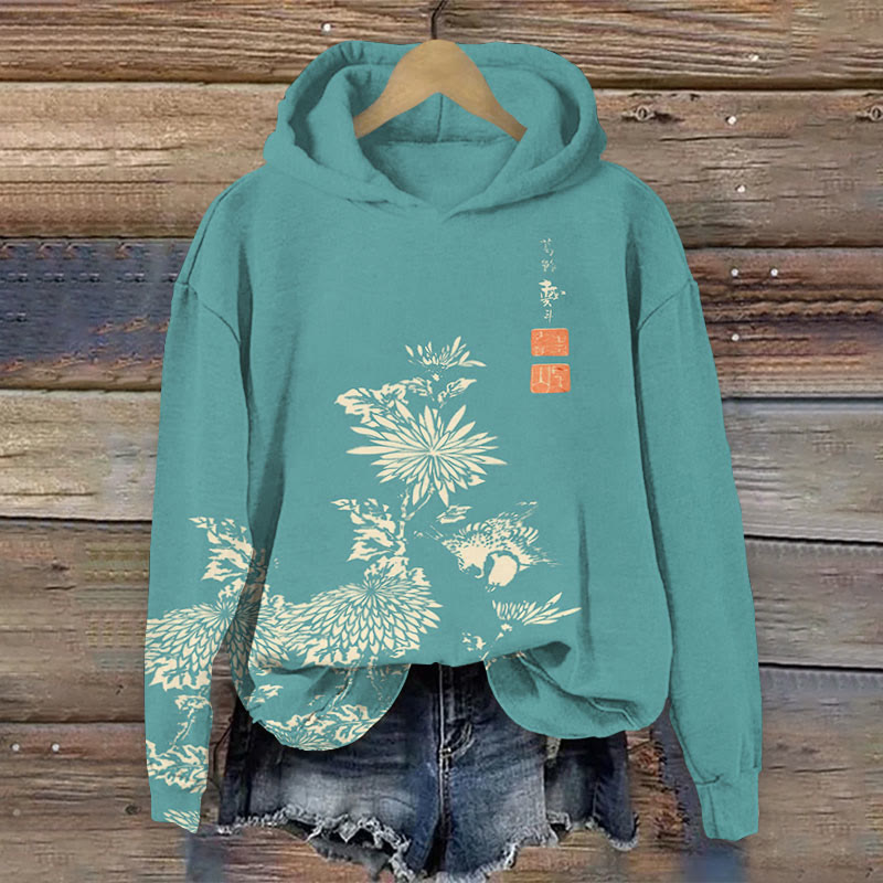 Vintage Chrysanthemum Print Long Sleeve Hoodie - Blue - 8XL - image 6