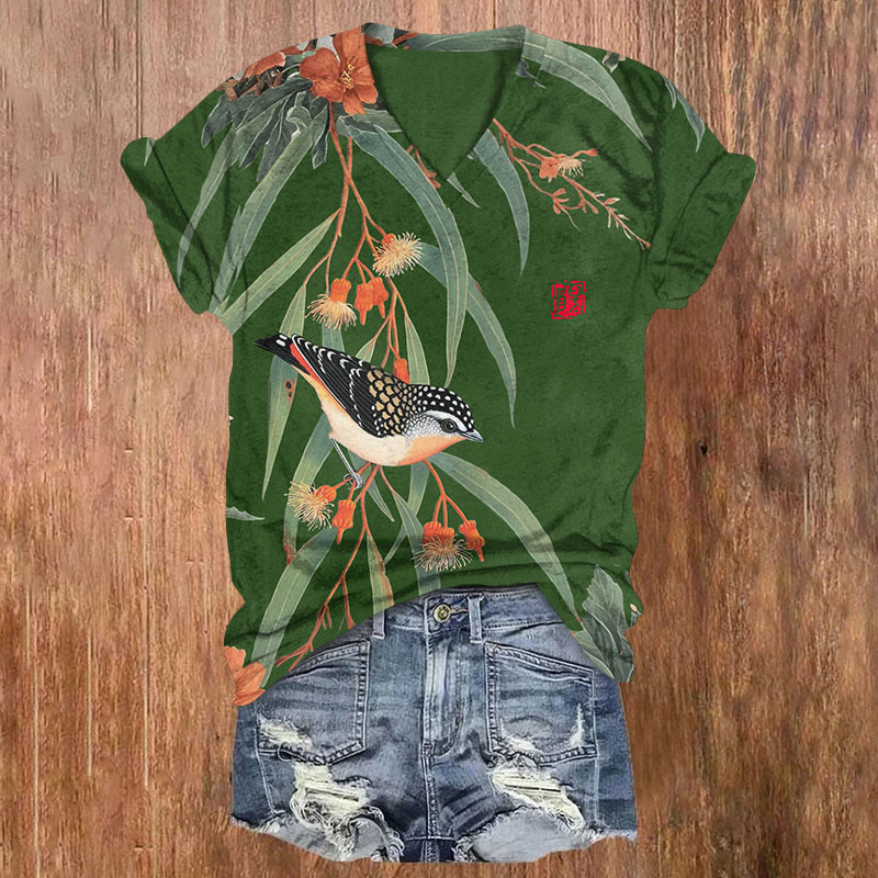 Japanese Vintage Little Bird Pattern Print Short Sleeved V-Neck T-Shirt - Green - US32-34(5XL) - image 6