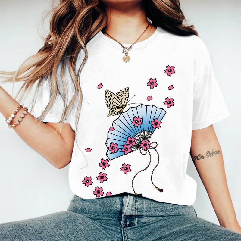 100% Cotton Women's Japanese Style Butterfly Floral Fan Art Print Casual T-shirt - White - 2XL - image 6