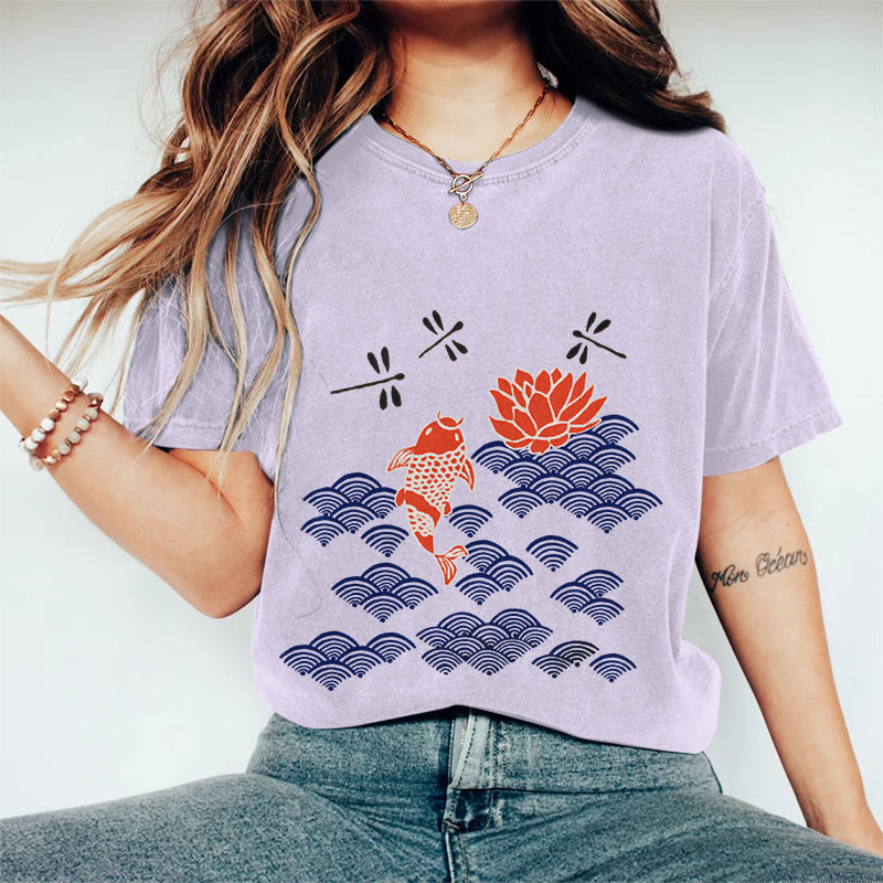 100% Cotton Women's Japanese Style Koi Fish Dragonfly Wave Art Print Casual T-shirt - Purple - 2XL - image 6