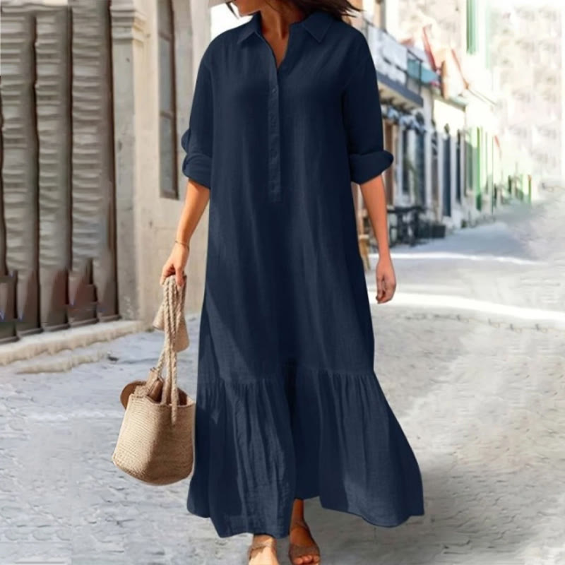 Beach Elegant Solid Shirt-collar Button-front 3/4 Sleeve Maxi Dress - Dark Blue - 5XL - image 4