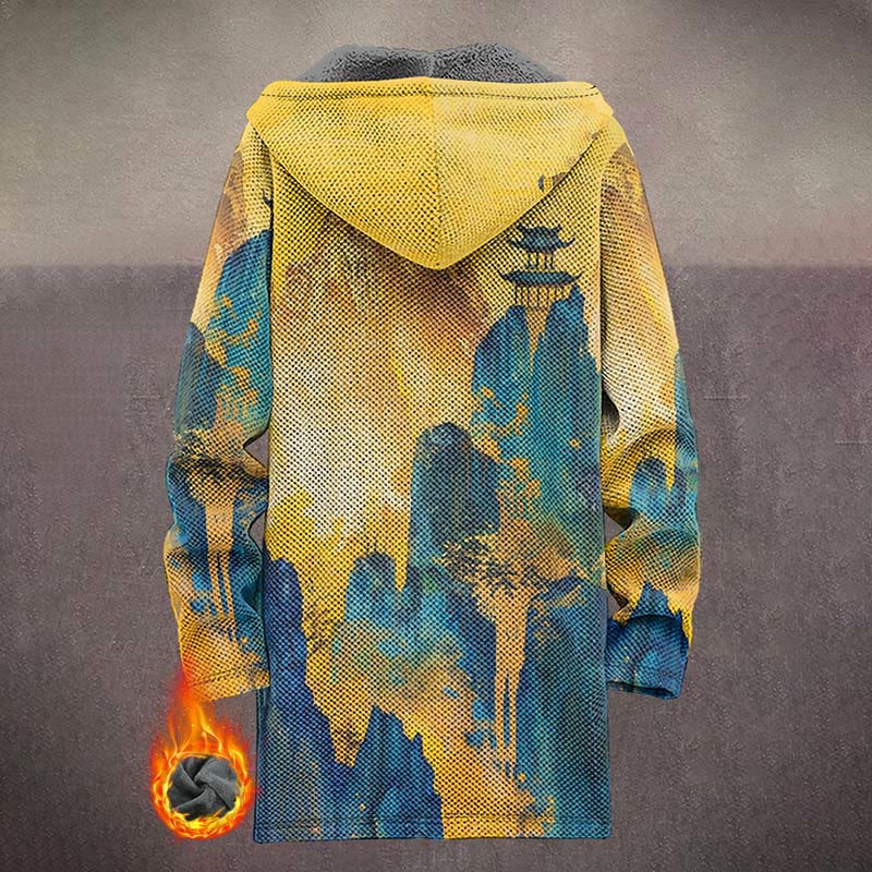 Retro Abstract Mountain And Kiosk Print Unisex Plush Thick Long-sleeved Fleece Jacket Coat - image 3