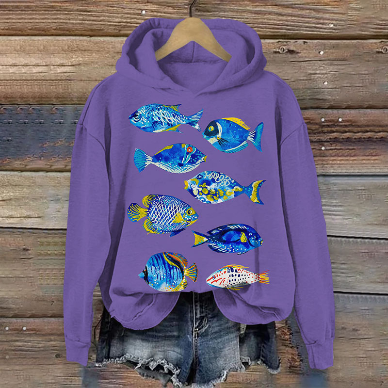 Vintage Abstract Funny Ugly Fish Print Long Sleeve Hoodie - Purple - US44-46(8XL) - image 3