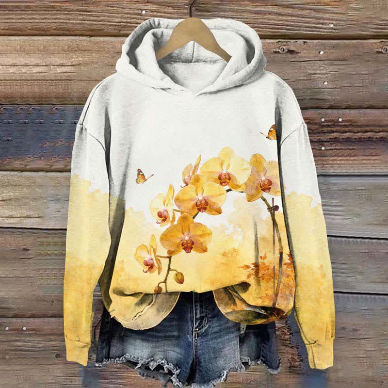 Vintage Yellow Phalaenopsis Art Print Long Sleeve Hoodie - White - US44-46(8XL) - image 6