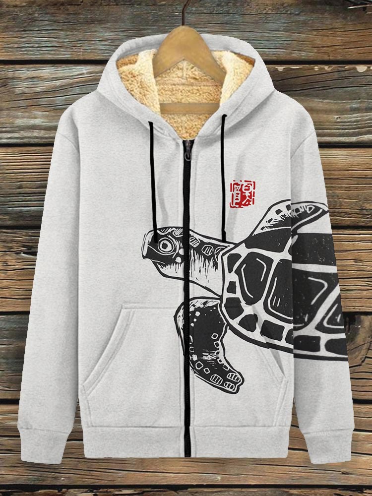 Sea Turtle Japanese Lino Art Print Fleece Jacket