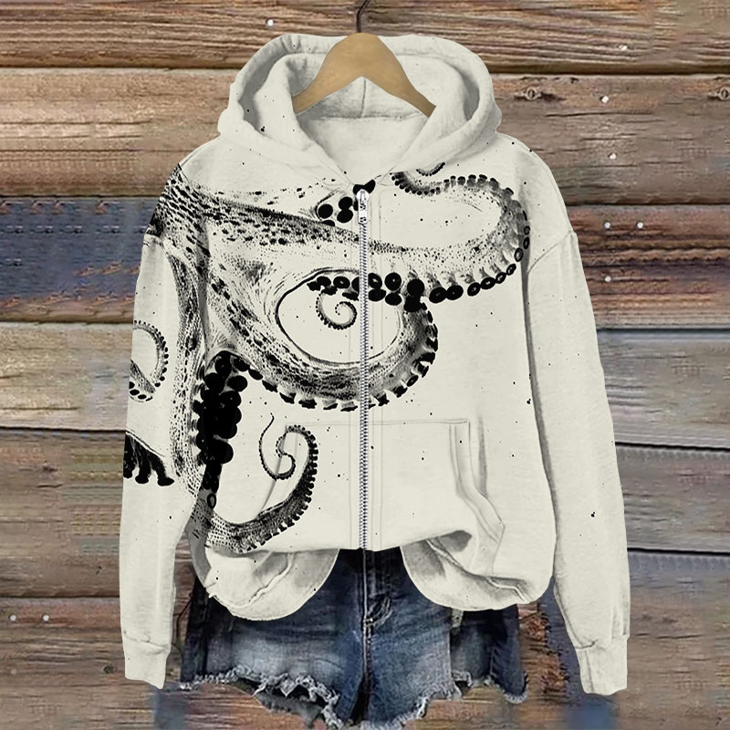 Three-dimensional Creative Octopus Print Long Sleeve Zipper Hoodie - Beige - US28-30(4XL) - image 5