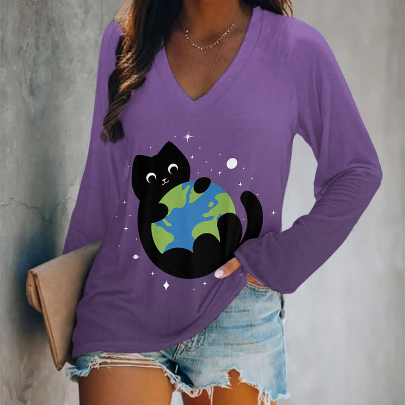 Japanese Lovely Black Cat Holding The Earth Art Print Long Sleeve T-shirt - Ombre Purple - 5XL - image 8
