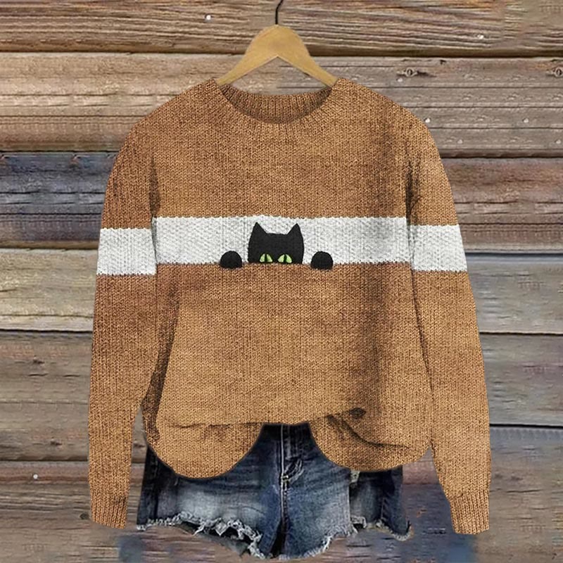 Women's Funny Cat Print Casual Pullover Sweater - Brown - 4XL - image 4