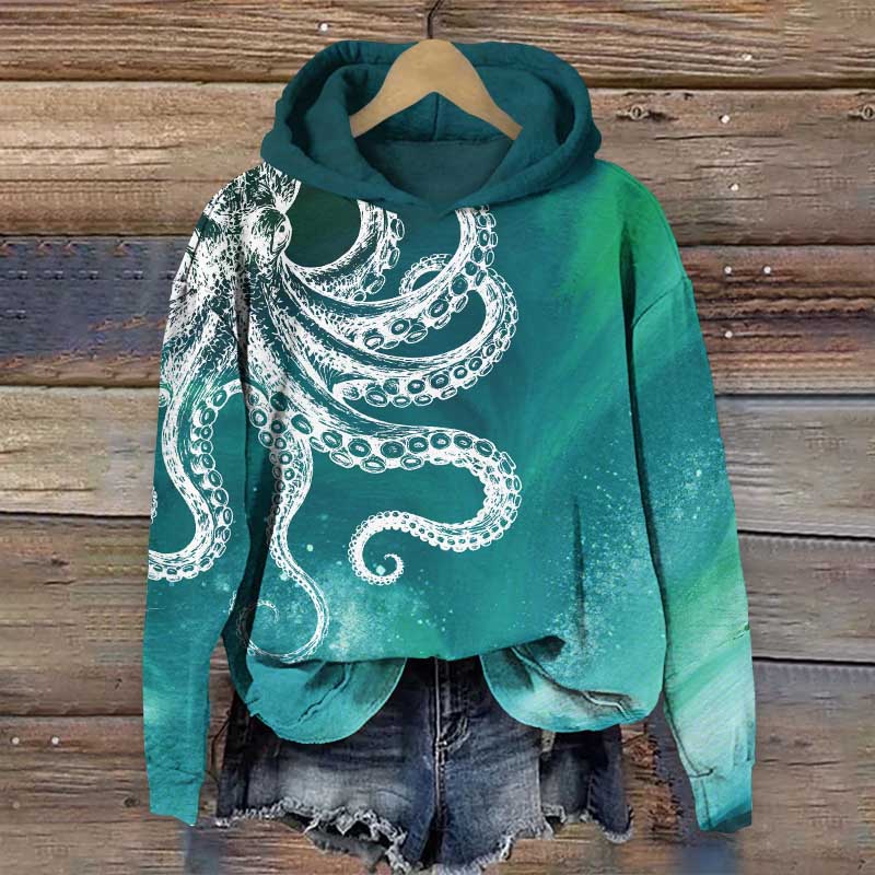 Vintage Aurora Abstract White Octopus Art Print Long Sleeve Hoodie - Green - US44-46(8XL) - image 2