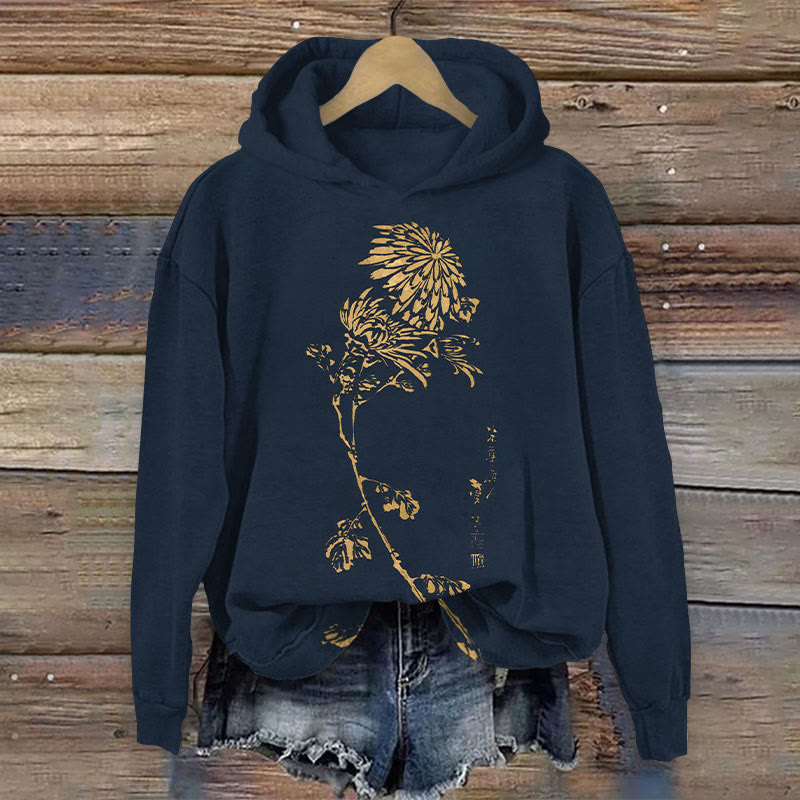 Retro Japanese Chrysanthemum Print Long Sleeve Hoodie - Navy Blue - 8XL - image 4