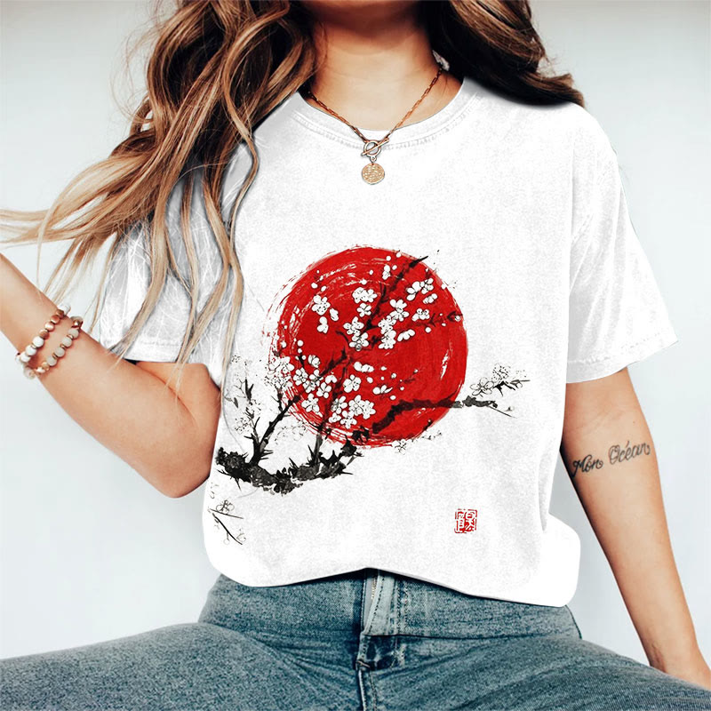 100% Cotton Women's Sunrise Japanese Art Print Casual T-shirt - White - 2XL - image 2
