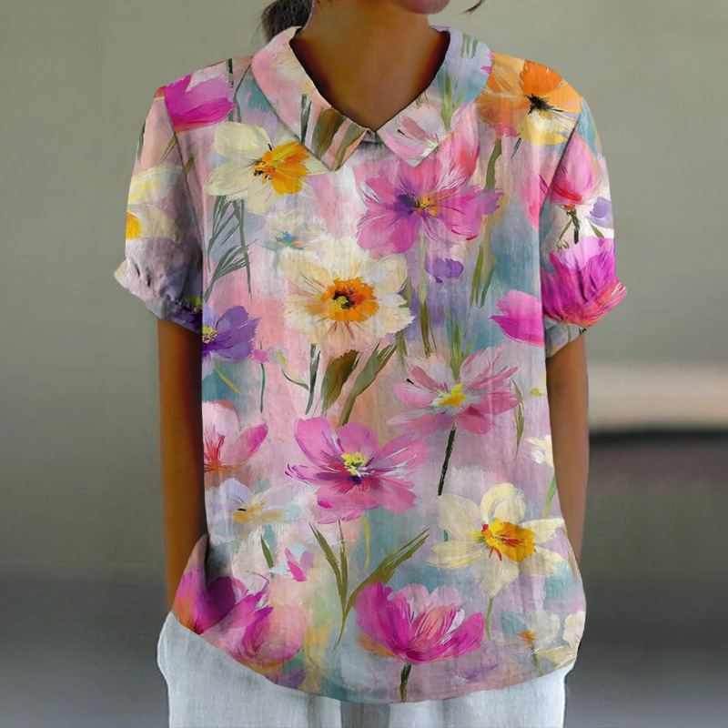 Oil Painting Flowers Art Print Casual Lapel Loose Blouse - Purple - 6XL - image 1