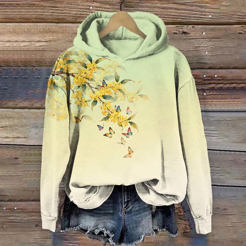 Japanese Vibrant Winter Jasmine & Butterfly Print Long Sleeve Hoodie - Green - US44-46(8XL) - image 5