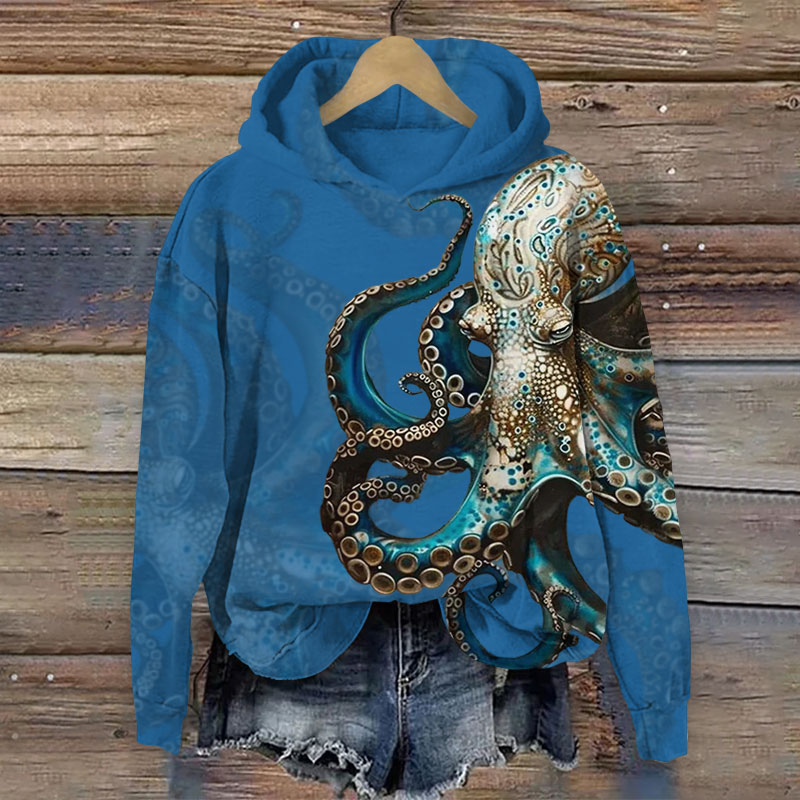 Vintage Mystical Geometric Octopus Print Long Sleeve Hoodie - Blue - US44-46(8XL) - image 3