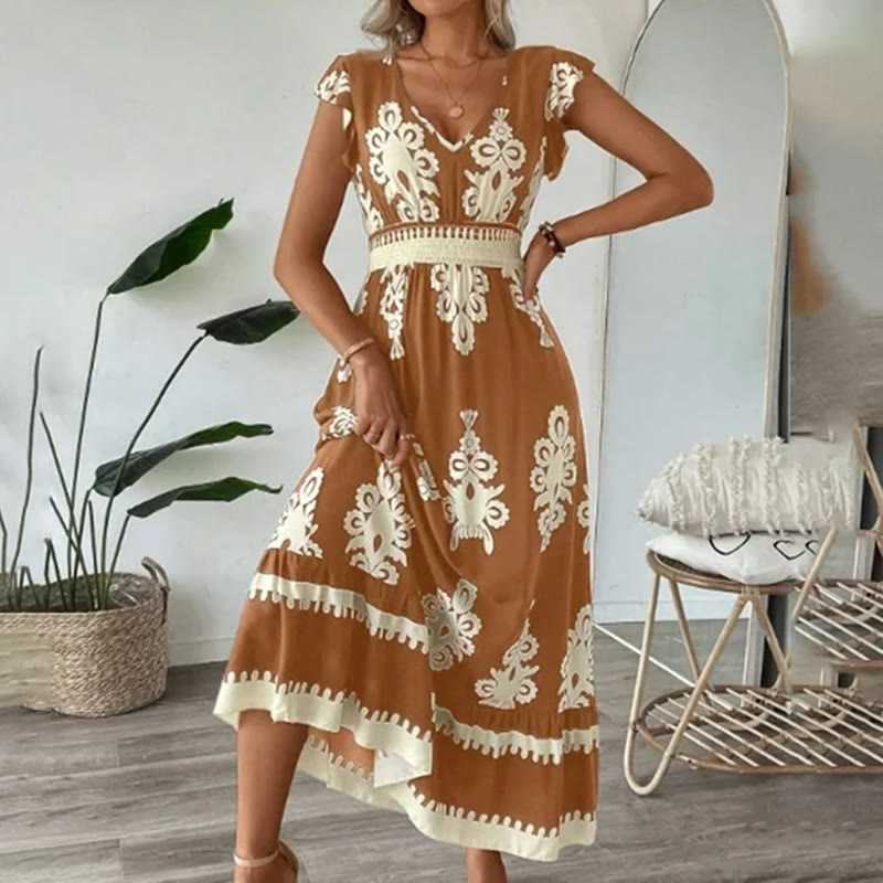 Boho Beach Ethnic Print V Neck Cap Sleeve Maxi Dress - Khaki - 2XL - image 4
