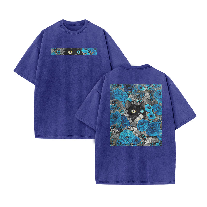 A Black Cat In A Field Of Blue Flowers Print Acid Washed T-shirt - Blue - US20-22(3XL) - image 6