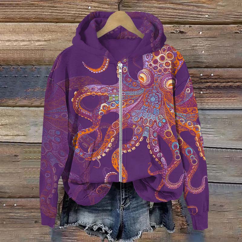 Unique Exquisite Octopus Pattern Art Print Long Sleeve Zipper Hoodie - Purple - US28-30(4XL) - image 2