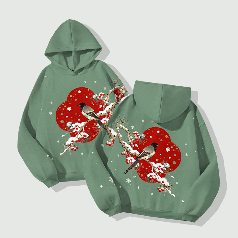 Japanese Vintage Snowy Bird On The Branch Art Print Long Sleeve Hoodie - image 4