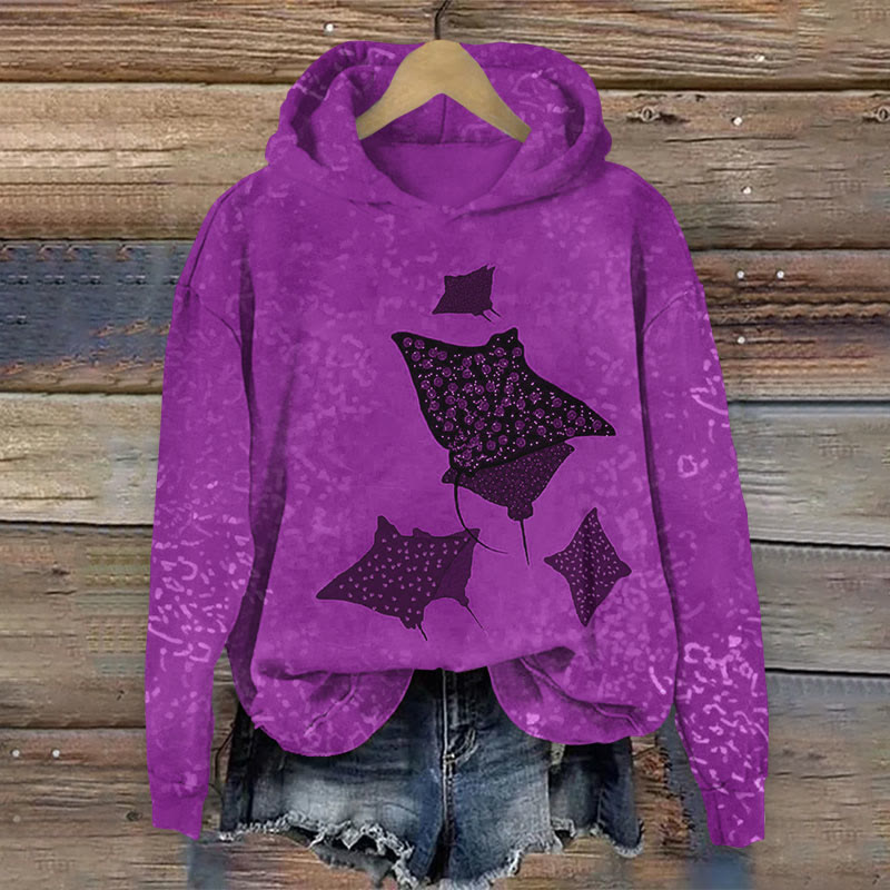 Ocean School Of Manta Ray  Print Long Sleeve Hoodie - Purple - US44-46(8XL) - image 4