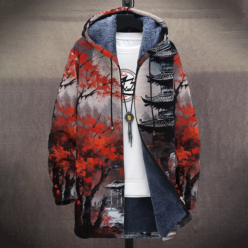 Ukiyoe Red Forest And Antique Tower Print Unisex Plush Thick Long-sleeved Fleece Jacket Coat - image 2