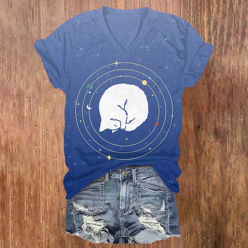 Vintage Planet Sleeping Cat Print V-neck T-shirt - Ombre Blue - US32-34(5XL) - image 9