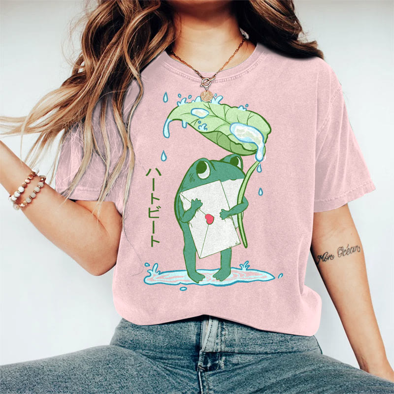 100% Cotton Women's Creative Japanese Frog Holding Letter Art Print Casual T-shirt - Pink - 2XL - image 4