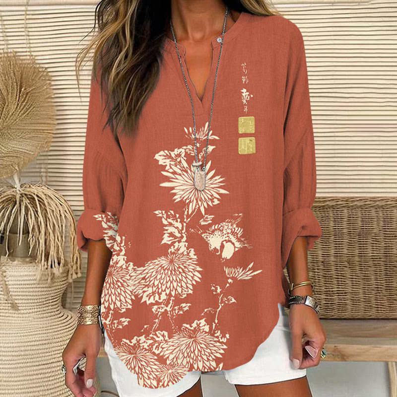 Vintage Chrysanthemum Printed V Neck Long Sleeve Blouse - Orange - 8XL - image 4