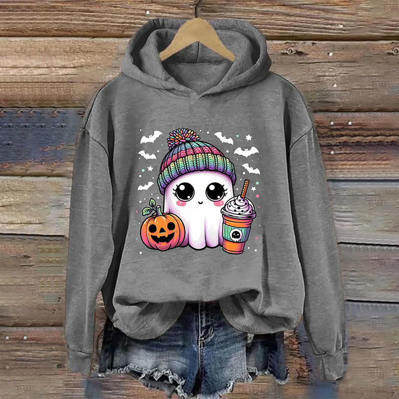 Dashingsoul Cute Ghost Coffee Halloween Print Casual Long Sleeve Hoodie