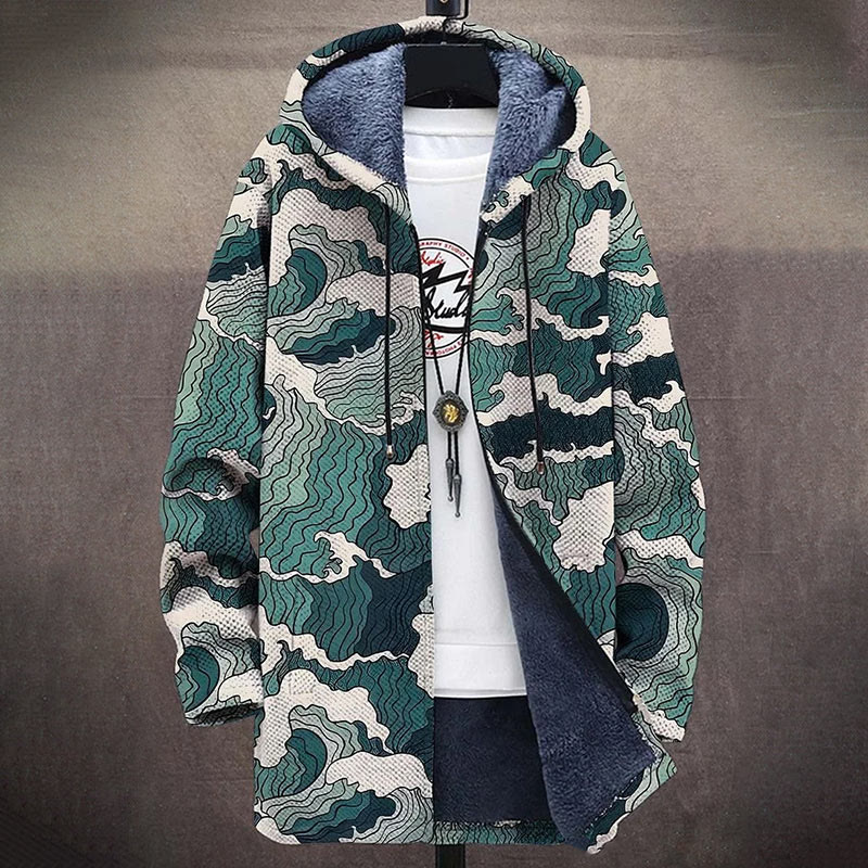 Ukiyo-e Waves Print Unisex Plush Thick Long-sleeved Fleece Jacket Coat - image 2