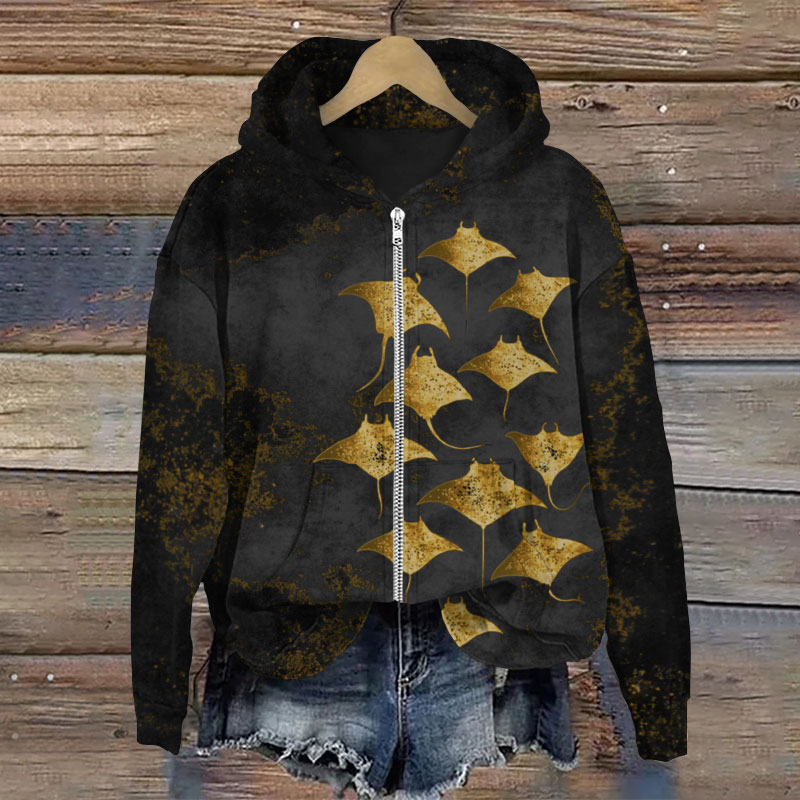 Vintage Manta Ray Art Print Long Sleeve Zipper Hoodie - Black - US28-30(4XL) - image 6