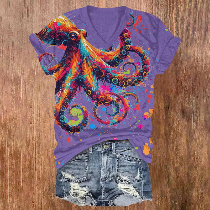 Colorful Ink Painting Of Octopus Print V-neck T-shirt - Purple - US32-34(5XL) - image 4
