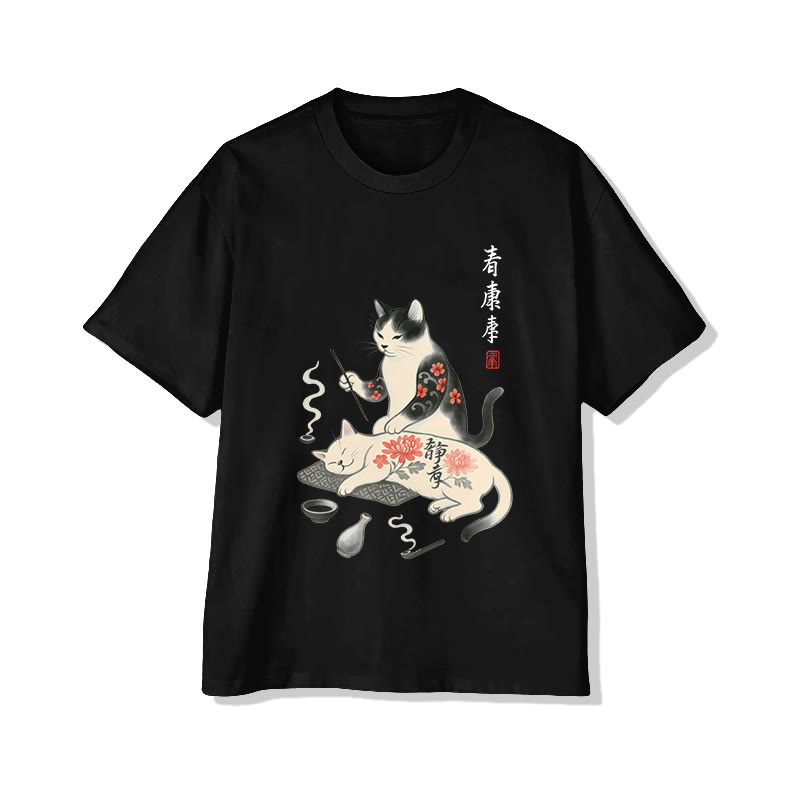 Unisex Vintage Japanese Art Print Short Sleeve Crew Neck T-shirt - Black - 2XL - image 4