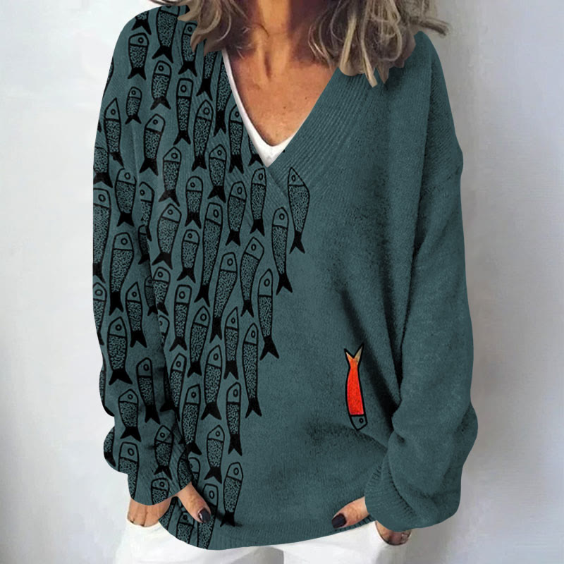 Cute Simple Lines Abstract Geometric Fish Art Print Causal V-neck Pullover Sweater - Dark Green - 4XL - image 4