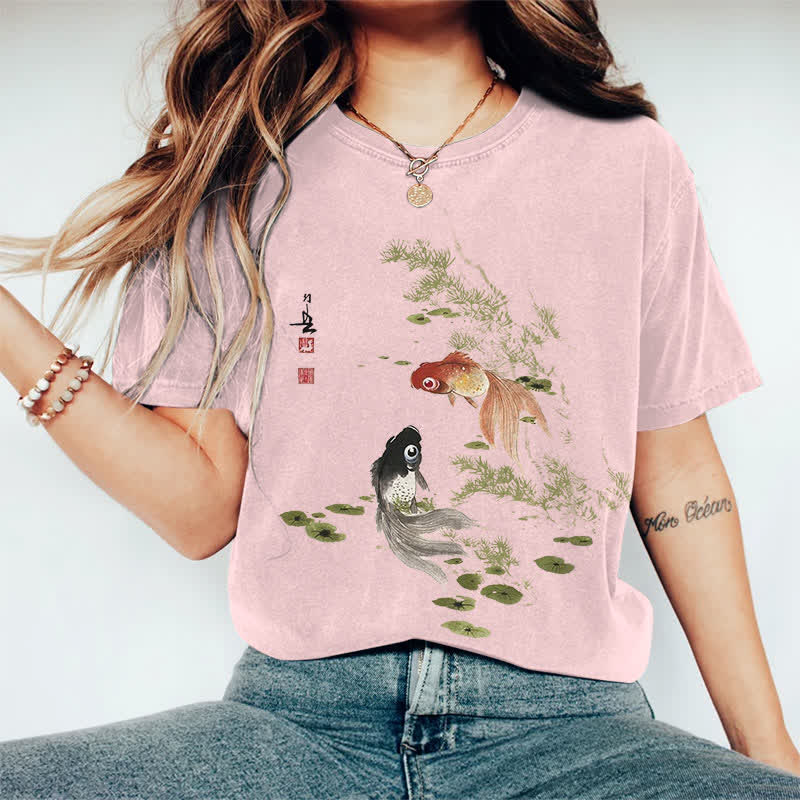 100% Cotton Japanese Koi Art Print Casual T-shirt - Pink - 2XL - image 11