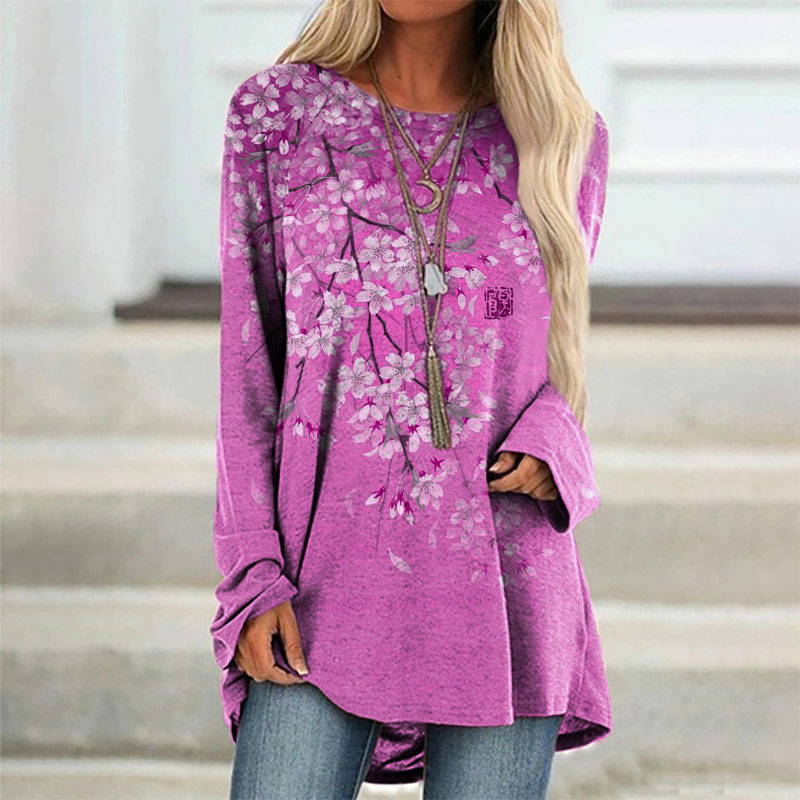 Cherry Blossom Full Moon Japanese Art Gradient Print Cozy Long Sleeved Tunic