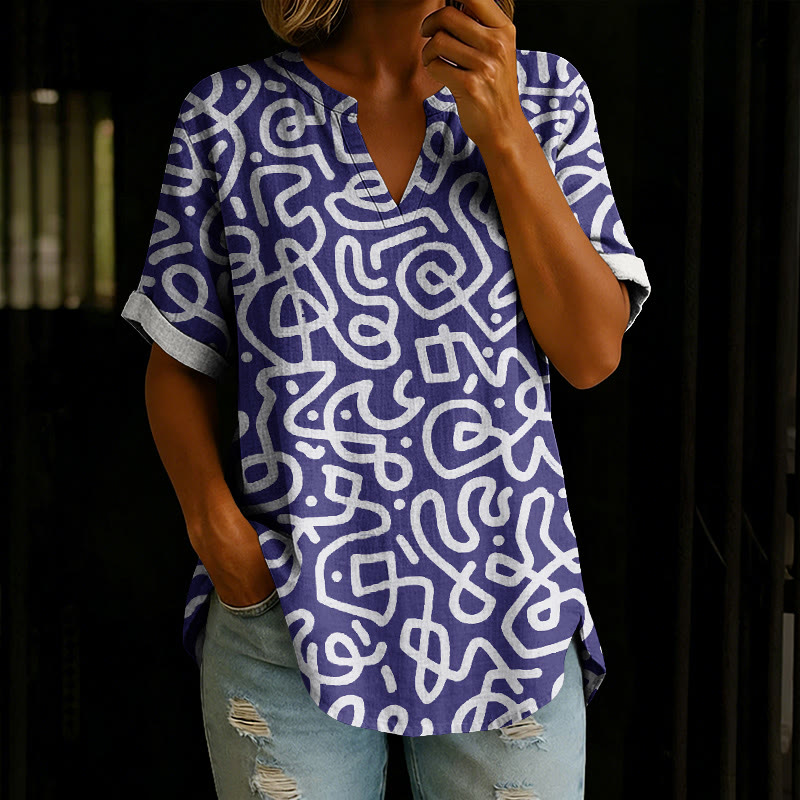  Random Line Doodle Art Print Short Sleeve Casual Blouse - Blue - 5XL - image 3