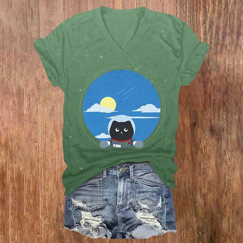 Curious Astronaut Cat Watching The Sky Print V-neck T-shirt - Green - US32-34(5XL) - image 3