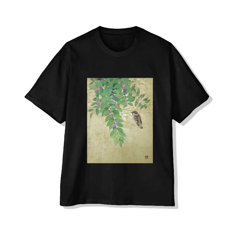 Unisex Japanese Serene Floral And Bird Art Print Short Sleeved Crew Neck T-Shirt - Black - 2XL - image 4