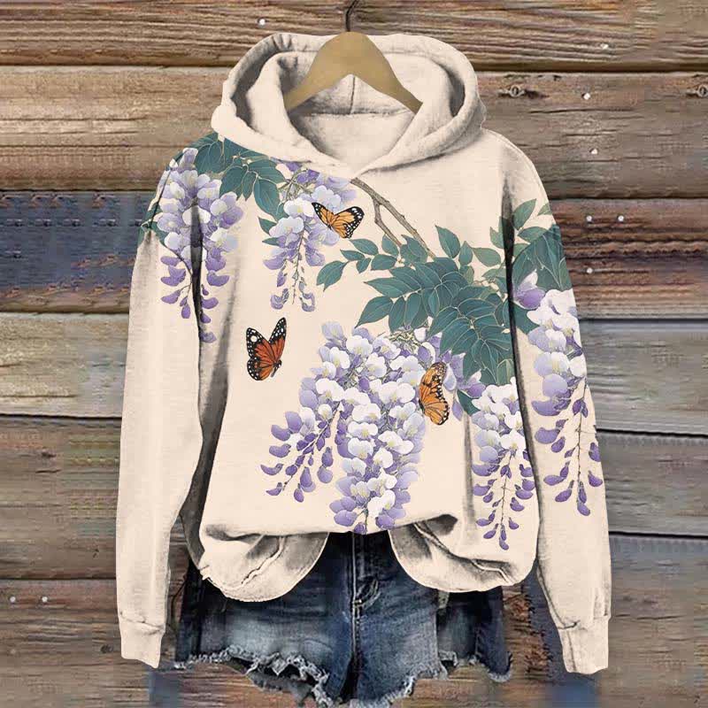 Japanese Watercolor Lavender Blossom Art Print Long Sleeve Hoodie - Apricot - US44-46(8XL) - image 4