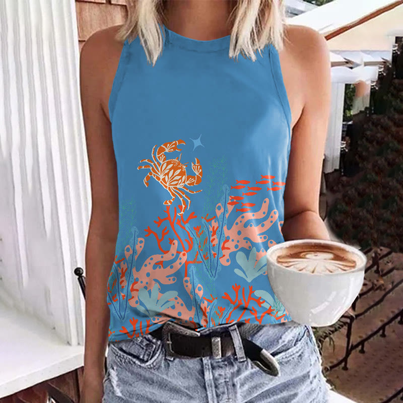 Creative Cartoon Crab & Coral Art Print Crew Neck Tank Top - Blue - 5XL - image 2
