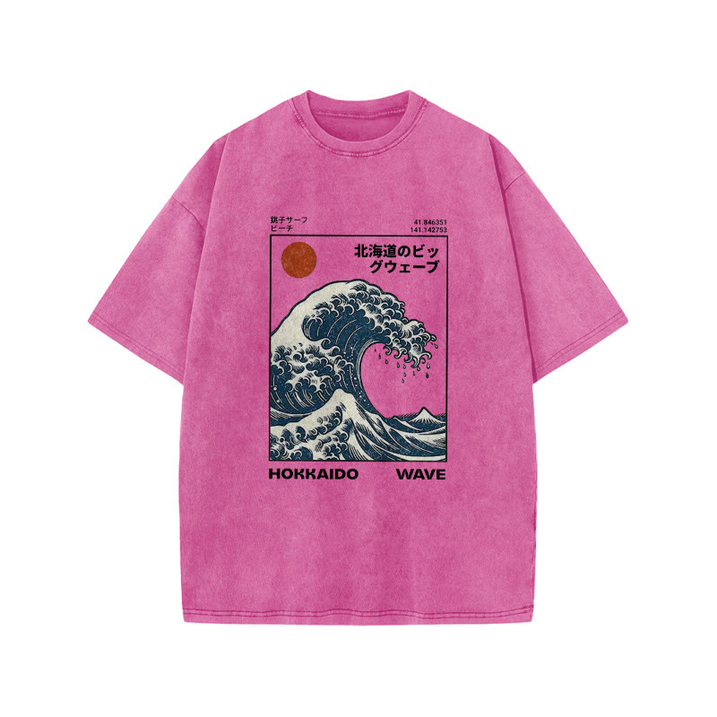 Unisex 100% Cotton Hokkaido Wave Vintage Print Acid Washed T-shirt - Pink - 3XL - image 8