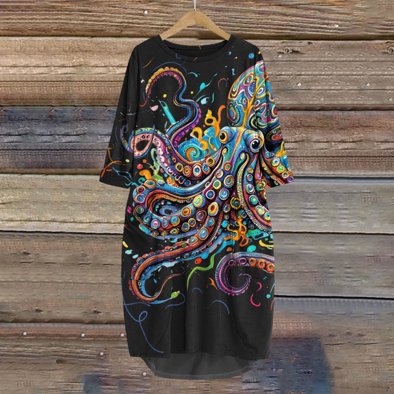 Vintage Rainbow Octopus Art Print Crew Neck Dress - Black - 8XL - image 5