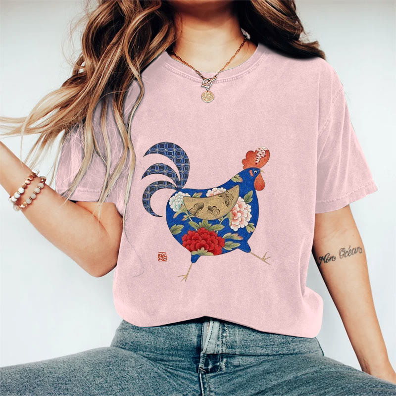 100% Cotton Creative Floral Rooster Art Print T-shirt - Pink - US16-18(2XL) - image 7