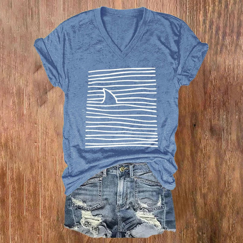 Women's Shark Art Print V-neck T-shirt
