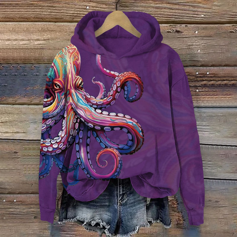 Retro Colorful Striped Octopus Art Print Long Sleeve Hoodie - Purple - US44-46(8XL) - image 3