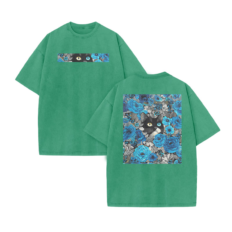 A Black Cat In A Field Of Blue Flowers Print Acid Washed T-shirt - Green - US20-22(3XL) - image 8